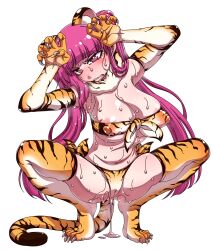Rule 34 | 1girl, alternate breast size, animal ears, animal hands, animal print, ass, bare shoulders, bikini, bleach, blush, breast hold, breast press, breasts, breasts squeezed together, chinese zodiac, claw pose, covered erect nipples, curvy, dokugamine riruka, embarrassed, fake animal ears, fake tail, full body, fur collar, gloves, gradient background, hanya (hanya yashiki), highres, large breasts, long hair, looking at viewer, multicolored clothes, multicolored legwear, navel, nipple slip, nipples, pink hair, pussy juice, shiny skin, side-tie bikini bottom, simple background, solo, squatting, suggestive fluid, sweat, sweatdrop, swimsuit, tail, thong, tiger ears, tiger print, tiger tail, tsundere, twintails, very long hair, wide hips, year of the tiger