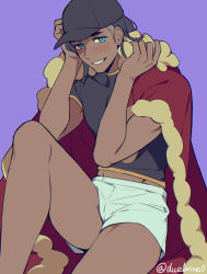 Rule 34 | 1boy, baseball cap, black hair, blue eyes, blush, cape, commentary request, cosplay, creatures (company), dark-skinned male, dark skin, earrings, fur-trimmed cape, fur trim, game freak, hat, jewelry, leon (pokemon), leon (pokemon) (cosplay), looking at viewer, male focus, meiji (meiji770), nintendo, pokemon, pokemon swsh, purple background, raihan (pokemon), red cape, shirt, short shorts, short sleeves, shorts, simple background, sitting, smile, solo, twitter username, white shorts