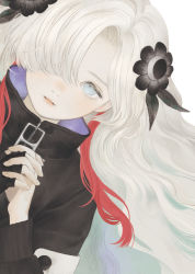 Rule 34 | 1girl, black coat, blue eyes, coat, expressionless, fingerless gloves, gloves, hair over one eye, highres, interlocked fingers, isekai joucho, kamitsubaki studio, looking at viewer, matayoshi, multicolored hair, own hands clasped, own hands together, parted lips, red hair, simple background, single glove, solo, two-tone hair, upper body, virtual youtuber, white background, white hair