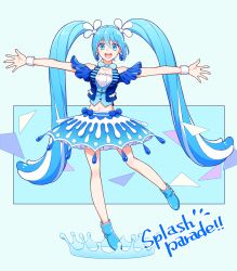Rule 34 | 1girl, :d, absurdly long hair, azaka (pipponao), blue eyes, blue footwear, blue hair, blue skirt, blue vest, collarbone, earrings, full body, hair between eyes, hatsune miku, highres, jewelry, layered skirt, long hair, looking at viewer, midriff, miniskirt, navel, open mouth, skirt, smile, solo, stomach, twintails, very long hair, vest, vocaloid, wristband