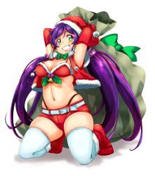Rule 34 | 10s, 1girl, absurdres, armpits, arms up, bikini, bikini top only, christmas, elbow gloves, gloves, green eyes, grin, hat, highleg, highleg panties, highres, kent0320, long hair, love live!, love live! school idol project, panties, purple hair, sack, santa hat, shorts, simple background, smile, solo, swimsuit, thighhighs, tojo nozomi, twintails, underwear, very long hair, white background
