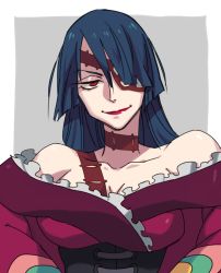 Rule 34 | 00s, 1girl, adiane, bare shoulders, blue hair, blunt bangs, breasts, cleavage, collarbone, corset, cosom, dress, eyepatch, frilled dress, frills, grey background, lipstick, long hair, makeup, red eyes, simple background, solo, tattoo, tengen toppa gurren lagann, two-tone background