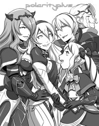 Rule 34 | 2boys, 3girls, armor, bisexual female, camilla (fire emblem), cape, clinging, corrin (female) (fire emblem), corrin (fire emblem), crying, elise (fire emblem), fire emblem, fire emblem fates, girl sandwich, gloves, greyscale, hair between eyes, hair over one eye, hair ribbon, hairband, harem, height difference, leo (fire emblem), long hair, monochrome, multiple boys, multiple girls, nervous, nintendo, pointy ears, polarityplus, ribbon, sandwiched, short hair, smile, sweatdrop, twintails, xander (fire emblem)