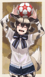 Rule 34 | 1girl, ^ ^, absurdres, african wild dog (kemono friends), african wild dog print, animal ears, animal print, arms up, ball, blush stickers, bodystocking, border, bow, bowtie, closed eyes, cowboy shot, cutoffs, denim, denim shorts, dog ears, dog girl, dog tail, dress shirt, extra ears, facing viewer, hair between eyes, happy, highres, huge filesize, kemono friends, layered sleeves, long sleeves, object on head, open mouth, parted bangs, print sleeves, shirt, short over long sleeves, short shorts, short sleeves, shorts, sidelocks, smile, soccer ball, solo, tail, toriny