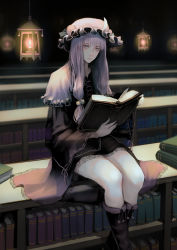 Rule 34 | 1girl, absurdres, bonnet, book, book stack, bookshelf, boots, dress, highres, jittsu, long hair, looking at viewer, open book, pantyhose, patchouli knowledge, purple eyes, purple hair, sitting, solo, touhou, white pantyhose