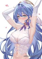 Rule 34 | 1girl, bare shoulders, blue hair, breasts, chinoa, choker, commentary, crop top, elbow gloves, gloves, green eyes, hair intakes, head wings, heart, highres, honkai: star rail, honkai (series), large breasts, long hair, looking at viewer, midriff, navel, purple choker, robin (honkai: star rail), simple background, sleeveless, solo, sweat, upper body, very long hair, white background, white gloves, wings