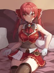 Rule 34 | 1girl, amanoyui, ascot, bad id, bad pixiv id, blunt bangs, brown thighhighs, cleavage, closed mouth, covered navel, gloves, hair ribbon, heterochromia, highres, hololive, houshou marine, long hair, looking at viewer, pleated skirt, red ascot, red eyes, red hair, red ribbon, red skirt, ribbon, see-through, see-through cleavage, sitting, skirt, solo, thighhighs, thighs, twintails, virtual youtuber, white gloves, yellow eyes