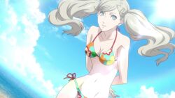 Rule 34 | 1girl, anime screencap, arms behind back, bare shoulders, beach, bikini, blonde hair, blue eyes, breasts, cleavage, collarbone, earrings, flower print, groin, hair ornament, hairclip, highres, jewelry, long hair, medium breasts, multicolored clothes, multicolored swimsuit, navel, ocean, persona, persona 5, persona 5 the animation, screencap, side-tie bikini bottom, smile, swimsuit, takamaki anne, twintails, wide hips