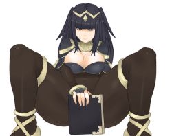 Rule 34 | 1girl, armor, black hair, black legwear, blunt bangs, bodysuit, book, breasts, cape, cleavage, colorized, covering privates, covering crotch, female focus, fire emblem, fire emblem awakening, large breasts, long hair, mato spectoru, naughty face, nintendo, pauldrons, purple eyes, see-through, see-through legwear, shoulder armor, solo, spread legs, squatting, tharja (fire emblem), tiara, two side up