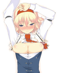 Rule 34 | 1girl, alice margatroid, arms up, blonde hair, blue eyes, blush, breasts, breasts out, buttons, female focus, framed breasts, hairband, large breasts, looking away, nipples, open clothes, open shirt, shirt, short hair, shy, solo, touhou, upper body, uro (urotanc)