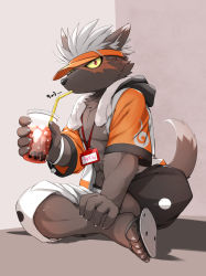 Rule 34 | 1boy, animal ears, bracelet, bubble tea, colored sclera, commentary, dog boy, dog ears, dog tail, drinking, fingernails, full body, furry, furry male, grey background, highres, jacket, jewelry, kinoshita jiroh, looking at viewer, male focus, muscular, muscular male, name tag, nipples, open clothes, open jacket, red eyes, sandals, scar, scar on face, shadow, sharp fingernails, short hair, solo, tadatomo (housamo), tail, tokyo houkago summoners, towel, towel around neck, visor cap, white hair, yellow sclera, yin yang, yin yang print