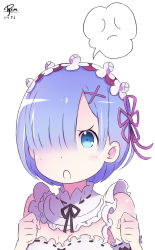 Rule 34 | 10s, 1girl, anger vein, artist name, bare shoulders, black ribbon, blue eyes, blue hair, blunt bangs, blush, breasts, cleavage, clenched hands, commentary request, dated, dyxm, frilled sleeves, frills, hair ornament, hair ribbon, head wreath, highres, open mouth, purple ribbon, re:zero kara hajimeru isekai seikatsu, rem (re:zero), ribbon, simple background, solo, thought bubble, white background, x hair ornament