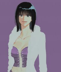 Rule 34 | 1girl, black hair, blue eyes, blunt bangs, coat, commentary, cowboy shot, cross-laced clothes, cross-laced top, fur-trimmed coat, fur trim, highres, korean commentary, long sleeves, looking at viewer, medium hair, nico robin, one piece, open mouth, ppyobong11, purple background, purple shirt, shirt, simple background, smile, solo, upper body, white coat