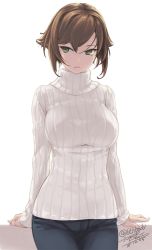 Rule 34 | 10s, 1girl, arm support, artist name, breasts, brown hair, cowboy shot, dated, denim, female focus, green eyes, jeans, kantai collection, large breasts, leaning, leaning back, long sleeves, looking to the side, mutsu (kancolle), pants, parted lips, ribbed sweater, rokuwata tomoe, short hair, simple background, solo, sweater, turtleneck, twitter username, white background, white theme
