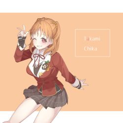 Rule 34 | 1girl, ahoge, alternate hairstyle, badge, boutonniere, bow, button badge, character name, collared shirt, grin, hair bow, highres, jacket, komiyam a, letterboxed, long sleeves, looking at viewer, love live!, love live! school idol festival, love live! sunshine!!, miniskirt, neck ribbon, one eye closed, orange background, outside border, plaid, plaid skirt, pleated skirt, red eyes, red jacket, red ribbon, ribbon, shirt, simple background, skirt, sleeves past wrists, smile, solo, takami chika, two side up, yellow bow