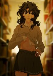 Rule 34 | 1girl, amagami, black eyes, black hair, black skirt, blurry, blurry background, brown sweater, clothes lift, clothes pull, collared shirt, curly hair, highres, indoors, kibito high school uniform, lifted by self, long sleeves, looking at viewer, messy hair, navel, open clothes, open skirt, parted lips, pleated skirt, pulled by self, school uniform, shirt, shirt lift, skirt, skirt pull, solo, sweat, sweater, sweater lift, tanamachi kaoru, usurai rairai, wavy hair, white shirt