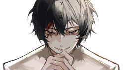 Rule 34 | 1boy, absurdres, black hair, blood, blood on face, brown eyes, bungou stray dogs, commentary, dazai osamu (bungou stray dogs), hair between eyes, hand to own mouth, highres, looking at viewer, male focus, portrait, prison clothes, short hair, simple background, smile, solo, white background, ya ta