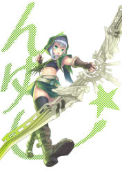 Rule 34 | 1girl, bow (weapon), fantasy earth zero, fingerless gloves, gloves, green eyes, highres, hood, midriff, ryouku, short hair, silver hair, solo, thighhighs, weapon