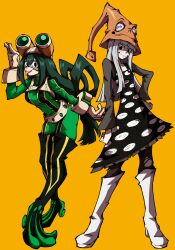 Rule 34 | 2girls, :&gt;, absurdres, asui tsuyu, black dress, black eyes, black pantyhose, black shirt, blunt bangs, bodysuit, boku no hero academia, bones (company), boots, brown gloves, commentary, company connection, crossover, dress, english commentary, eruka frog, female focus, frog girl, gloves, goggles, goggles on head, green bodysuit, green hair, grey hair, hair between eyes, hair rings, hand on own hip, hand up, hat, highres, kekel, knee boots, leaning forward, long hair, long sleeves, looking at viewer, low-tied long hair, multiple girls, orange headwear, pantyhose, polka dot, polka dot dress, shirt, simple background, smile, soul eater, standing, superhero costume, tongue, tongue out, torn clothes, torn pantyhose, trait connection, white footwear, witch hat, yellow background