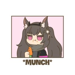 Rule 34 | 1girl, animal ear fluff, animal ears, arknights, black jacket, border, carrot, chibi, eating, english text, eyebrows hidden by hair, female focus, food, food in mouth, food on face, hair ornament, hairband, highres, holding, holding food, jacket, kuhl-notes, monch (arknights), pink background, pink eyes, scarf, simple background, solo, twintails, white border