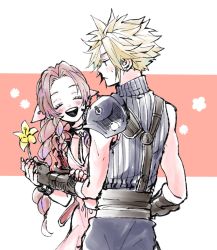 Rule 34 | 1boy, 1girl, aerith gainsborough, armor, belt, blonde hair, blue pants, blue shirt, blush, braid, brown hair, choker, closed eyes, cloud strife, dress, earrings, final fantasy, final fantasy vii, final fantasy vii remake, flower, gloves, hair ribbon, highres, holding, holding flower, holding hands, jacket, jewelry, letterboxed, lily (flower), long hair, open mouth, pants, pink background, pink dress, pink ribbon, red jacket, ribbon, ribbon choker, shirt, shoulder armor, single earring, sleeveless, sleeveless turtleneck, souryu513 (sousuke), spiked hair, square enix, suspenders, sweatdrop, teeth, turtleneck, uniform, upper body, upper teeth only, yellow flower