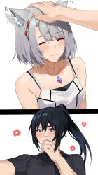 Rule 34 | 1boy, 1girl, absurdres, animal ears, bare shoulders, black hair, blue eyes, blush, camisole, cat ears, cat girl, chest jewel, closed eyes, couple, hair tie, hand on another&#039;s head, headpat, highres, jacket, kamu (kamuuei), long hair, mio (xenoblade), noah (xenoblade), ponytail, shirt, short hair, shoulder strap, smile, solo, tank top, white camisole, white hair, white tank top, xenoblade chronicles (series), xenoblade chronicles 3