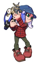 Rule 34 | 1boy, blue hair, blue headwear, closed mouth, commentary request, green eyes, green pants, gun, highres, holding, holding gun, holding weapon, medium hair, nintendo, octoling, octoling boy, octoling player character, pants, plaid, plaid shirt, red footwear, red shirt, shirt, shoes, simple background, smile, solo, splash-o-matic (splatoon), splatoon (series), splatoon 3, standing, tentacle hair, upper body, weapon, white background, xdies ds