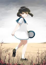 Rule 34 | 1girl, absurdres, black hair, blue collar, brown eyes, cloud, cloudy sky, collar, dress, field, from behind, full body, grass, grey sky, hat, highres, kantai collection, looking at viewer, looking back, outdoors, sailor dress, sailor hat, short hair, short sleeves, shounan (kancolle), sky, smile, socks, solo, toplow, twintails, white dress, white hat, white socks