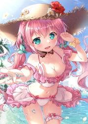 Rule 34 | 1girl, :d, aqua eyes, beach, bikini, blush, breasts, cleavage, collarbone, commentary request, day, frilled bikini, frills, gluteal fold, hair ribbon, hat, highres, long hair, looking at viewer, medium breasts, mikeou, navel, open mouth, original, outdoors, pink hair, ribbon, scrunchie, sky, smile, solo, standing, stomach, straw hat, swimsuit, teeth, thigh gap, twintails, upper teeth only, water drop, white bikini, wrist scrunchie