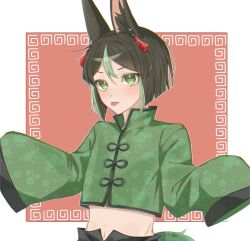 Rule 34 | 1boy, alternate costume, animal ear fluff, animal ears, black hair, blush, border, chinese clothes, commentary, cropped shirt, earrings, floral print, fox boy, fox ears, genshin impact, green eyes, green hair, highres, jewelry, looking at viewer, male focus, midriff, multicolored hair, papipipi71, red background, solo, tighnari (genshin impact), tongue, tongue out, very long sleeves, white border