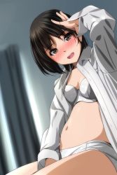 Rule 34 | 1girl, absurdres, arm up, bedroom, bikini, black hair, blurry, blurry background, blush, bob cut, bra, breasts, brown eyes, collared shirt, commentary request, depth of field, grey bra, grey panties, hand up, highres, long sleeves, looking at viewer, matsunaga kouyou, navel, open mouth, original, panties, polka dot, polka dot bikini, polka dot bra, shirt, short hair, sitting, small breasts, smile, solo, swimsuit, underwear, white shirt