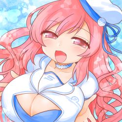 Rule 34 | 1girl, :d, bemani, blush, breasts, center opening, choker, collarbone, hat, heart, large breasts, mini hat, open mouth, pink eyes, pink hair, rasis, sate hatena, smile, solo, sound voltex, upper body, white choker, white hat