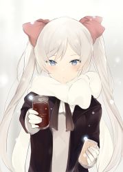 Rule 34 | 1girl, black jacket, blue eyes, blush, bow, can, closed mouth, commentary, gloves, grey shirt, hair bow, holding, holding can, jacket, long hair, long sleeves, looking at viewer, lpip, open clothes, open jacket, original, outstretched arm, red bow, scarf, shirt, silver hair, snowing, solo, symbol-only commentary, twintails, upper body, very long hair, white gloves, white scarf