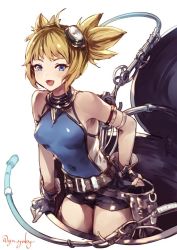 Rule 34 | 10s, 1girl, :d, bare shoulders, belt, black gloves, blonde hair, blue eyes, covered navel, fang, fingerless gloves, genyaky, gloves, goggles, goggles on head, granblue fantasy, leaning forward, looking at viewer, md5 mismatch, open mouth, pengie, resized, short twintails, shorts, simple background, smile, solo, twintails, upscaled, white background