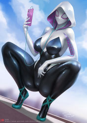 Rule 34 | 1girl, artist name, ballet slippers, black bodysuit, bodysuit, breasts, cloud, cloudy sky, earbuds, earphones, female focus, full body, hood, hood up, hooded bodysuit, large breasts, latex, latex bodysuit, looking at viewer, marvel, mask, mask on head, outdoors, patreon username, patterned clothing, phone, reflection, reflective clothes, sade abyss, shiny clothes, signature, sky, solo, spider-gwen, spider-man (series), spread legs, squatting, two-tone bodysuit, watermark, web address, white bodysuit