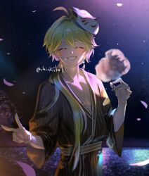 Rule 34 | 1boy, aether (genshin impact), ahoge, alternate costume, alternate hairstyle, artist name, belt, black kimono, black sky, blonde hair, blush, closed eyes, collarbone, cotton candy, earrings, fingernails, food, fox mask, genshin impact, hair between eyes, hands up, highres, hikarusorano, holding, holding food, japanese clothes, jewelry, kimono, long hair, long sleeves, male focus, mask, mask on head, night, night sky, outdoors, petals, ponytail, single earring, sky, smile, solo, standing, star (sky), starry sky, striped clothes, striped kimono, teeth, v, vertical-striped clothes, vertical-striped kimono, white mask, wide sleeves, yellow belt