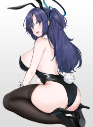 Rule 34 | 1girl, alternate costume, animal ears, ass, bare shoulders, black footwear, black leotard, black thighhighs, blue archive, blue eyes, blue hair, breasts, commentary, english commentary, fake animal ears, gradient background, grey background, halo, high heels, highres, large breasts, leotard, looking at viewer, open mouth, persocon93, playboy bunny, rabbit ears, rabbit tail, shoes, sideboob, sitting, smile, solo, tail, thighhighs, two side up, wariza, yuuka (blue archive)