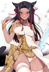 Rule 34 | 1girl, animal ears, armor, armored dress, warrior of light (ff14), bare shoulders, black hair, breast press, breasts squeezed together, breasts, dark-skinned female, dark skin, final fantasy, final fantasy xiv, hair ribbon, highres, looking at viewer, medium breasts, multicolored hair, original, red eyes, red hair, ribbon, skindentation, smile, solo, streaked hair, sword, tail, tan, thick thighs, thighhighs, thighs, wakahiko, weapon, white thighhighs