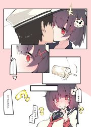 Rule 34 | 1boy, 1girl, ?, animal ear fluff, animal ears, azur lane, black hair, breasts, bubble tea, cat ears, commander (azur lane), cup, disposable cup, drinking straw, eyes visible through hair, fang, fox mask, hair ornament, hair over eyes, hairclip, hat, highres, holding, jacket, kiss, large breasts, long sleeves, mask, off shoulder, open clothes, red eyes, red neckwear, sailor collar, sakakiba misogi, school uniform, serafuku, skin fang, smile, speech bubble, sweat, tears, translation request, white headwear, x hair ornament, yamashiro (azur lane)