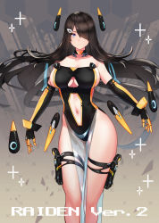 Rule 34 | 1girl, bad id, bad pixiv id, bare shoulders, black dress, black gloves, black hair, blush, breasts, brown eyes, choker, cleavage, closed mouth, clothing cutout, dress, elbow gloves, feet out of frame, floating, floating hair, floating headgear, floating object, gloves, gun, hair over one eye, handgun, hayabusa (vert 320), headgear, highres, holster, holstered, large breasts, long hair, looking at viewer, mole, mole on breast, mole on stomach, mole under eye, navel, navel cutout, original, pelvic curtain, solo, strapless, strapless dress, thigh holster, thigh strap, weapon