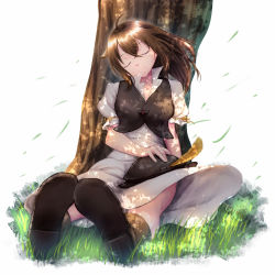 Rule 34 | 1girl, bag, brown hair, closed eyes, dress, hat, highres, jewelry, long hair, necklace, octopath traveler, octopath traveler i, short hair, simple background, sleeping, smile, solo, tree, tressa (octopath traveler), yuuki1103