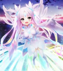 Rule 34 | 1girl, black eyes, boots, breasts, city, cloud, detached sleeves, facial mark, feet, flying, forehead mark, full body, game cg, gloves, hair ornament, hair ribbon, happy, highres, legs, long hair, looking at viewer, nitroplus, ocean, oosaki shin&#039;ya, open mouth, outdoors, pink hair, ribbon, sky, small breasts, smile, solo, substance-concept, thigh boots, thighhighs, thighs, tokyo necro, water, wide sleeves, wings