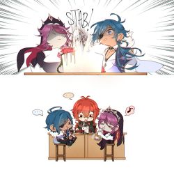 Rule 34 | ..., 1girl, 2boys, ahoge, antenna hair, bar (place), blue eyes, blue hair, cake, chair, claws, closed mouth, commentary, cross, dark-skinned male, dark skin, diluc (genshin impact), emphasis lines, english commentary, eyepatch, food, fur trim, genshin impact, habit, highres, kaeya (genshin impact), long hair, looking at another, low ponytail, multicolored hair, multiple boys, musical note, nun, open mouth, pale skin, pectoral cleavage, pectorals, perdizzion, purple hair, red eyes, red hair, rosaria (genshin impact), rosaria (to the church&#039;s free spirit) (genshin impact), scared, sidelocks, sitting, spoken ellipsis, spoken musical note, stab, streaked hair, sweat, nervous sweating, table