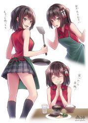 Rule 34 | 10s, 1girl, ^ ^, alternate costume, apron, artist name, ass, black legwear, breasts, brown eyes, closed eyes, cooking, closed eyes, from behind, frying pan, green apron, grey skirt, grin, hair ornament, kantai collection, looking at viewer, medium breasts, microskirt, morigami (morigami no yashiro), multiple views, night battle idiot, open mouth, own hands together, plaid, plaid skirt, pleated skirt, red shirt, remodel (kantai collection), rice, sendai (kancolle), shirt, short hair, simple background, sitting, skirt, sleeveless, sleeveless shirt, smile, spatula, translated, twintails, two side up, white background