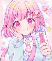 Rule 34 | 1girl, :q, absurdres, blue sweater, candy, food, gumi (framboise 5204), hair between eyes, hair ornament, highres, holding, holding food, long sleeves, necktie, ootori emu, pink eyes, pink hair, pink necktie, project sekai, solo, star (symbol), star hair ornament, sweater, tongue, tongue out