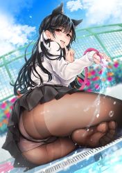 Rule 34 | 1girl, :d, alternate costume, animal ear fluff, animal ears, ass, atago (azur lane), atago (school traumerei) (azur lane), azur lane, black hair, black pantyhose, black sailor collar, black skirt, blue sky, blurry, blurry background, blush, breasts, brown eyes, clothes lift, cloud, day, extra ears, feet, fence, finger to mouth, from behind, hair between eyes, highres, holding, holding hose, hose, kotengu, large breasts, long hair, long sleeves, looking at viewer, mole, mole under eye, no shoes, open mouth, outdoors, panties, panties under pantyhose, pantyhose, pleated skirt, poolside, ribbon, sailor collar, school uniform, skirt, skirt lift, sky, sleeves past wrists, smile, soles, solo, sweater, swept bangs, thighband pantyhose, toes, underwear, water, wet, white panties, white sweater