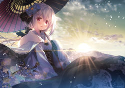 Rule 34 | 1girl, animal, bird, black skirt, blue bow, blue kimono, bow, breasts, cloud, floral print, fur trim, hair between eyes, hair bow, highres, japanese clothes, kimono, long sleeves, looking at viewer, mountain, oil-paper umbrella, original, outdoors, parted lips, red eyes, red umbrella, shouna mitsuishi, silver hair, skirt, sky, sleeves past fingers, sleeves past wrists, small breasts, smile, solo, sunrise, teeth, umbrella, upper teeth only, wide sleeves
