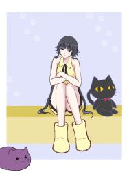 Rule 34 | 1girl, alternate costume, black hair, bleach, blush, happy melon4311, highres, looking at viewer, short hair with long locks, sitting, solo, stuffed animal, stuffed cat, stuffed toy, sui-feng, yellow footwear