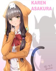 Rule 34 | 1girl, artist name, asakura karen (heaven burns red), bow, bowtie, brown eyes, brown hair, cat tail, character name, diesel-turbo, dress shirt, english text, grey sweater, hair over shoulder, hair tie in mouth, heaven burns red, highres, hood, hood up, hoodie, index finger raised, lens flare, long hair, long sleeves, looking at viewer, low twintails, mouth hold, open clothes, open hoodie, orange hoodie, parted lips, red bow, red bowtie, school uniform, shadow, shirt, signature, solo, stuffed animal, stuffed cat, stuffed toy, sweater, tail, twintails, upper body, v-neck, white shirt, wing collar