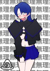 1girl ado_(utaite) atashi_wa_mondaisaku black_shirt blue_hair blue_skirt blush commentary_request cosplay highres long_hair long_sleeves midriff naima_(ado) naima_(ado)_(cosplay) navel nervous_sweating nori_(norinori_yrl) open_clothes open_mouth open_shirt pleated_skirt shirt skirt solo sweat tanaka_keiko_(ado) translation_request two-tone_skirt usseewa